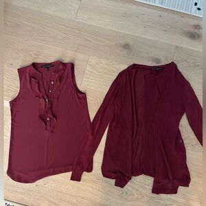 White House Black Market Maroon 2 Piece Ruffle Blouse and Sheer Cardigan Set XS